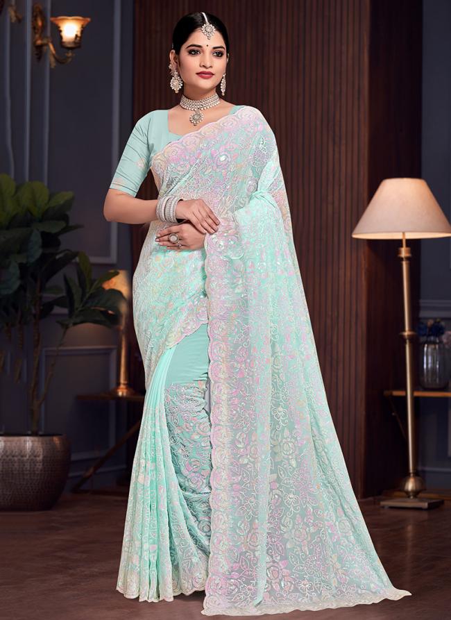 Georgette Sea Green Wedding Wear Embroidery Work Saree